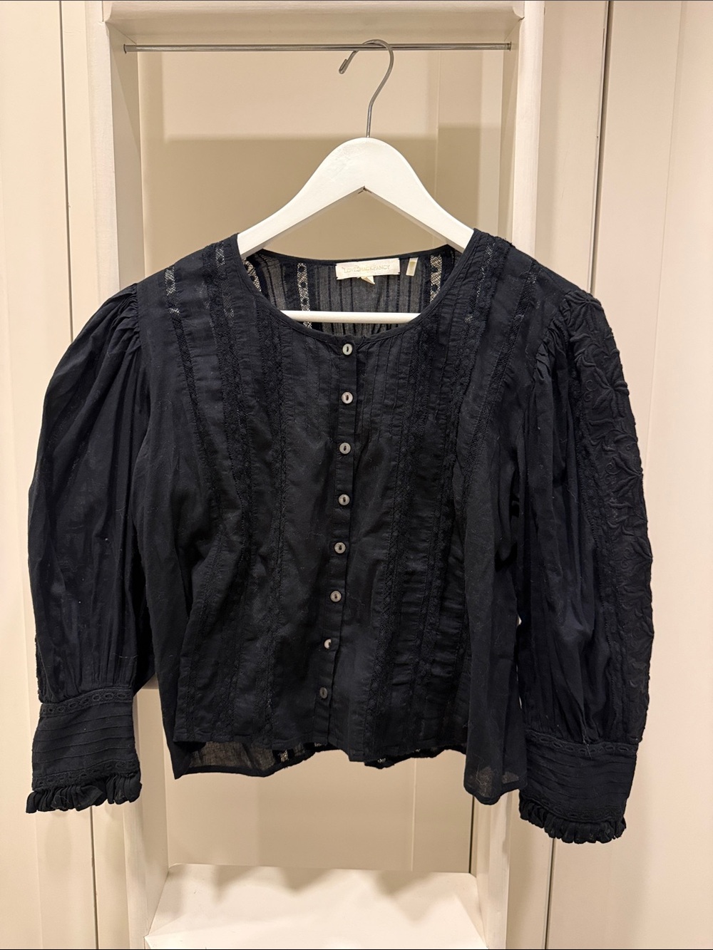 LoveShackFancy Black Cotton Lace Pintuck Blouse XS